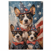Australian Cattle Dog Mom and Puppies in Patriotic Outfits and Star Hats with American Flag Backdrop in Rustic Painting Style on Ready to Hang 1.5" Thick Canvas Wrap, Floating Framed Canvas, Flat Rolled Canvas